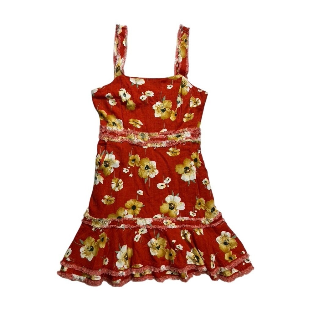 Fate Womens Red Floral Linen Blend Mini Dress Frayed Tiers Pockets Small NWT